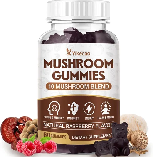 Gomitas de hongos para adultos, suplemento de 10 mezclas de hongos con melena de león, cordyceps, reishi, chaga y cola de pavo para concentración y