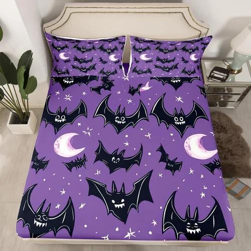 Miniatura 4 de Lindas sábanas de murciélagos tamaño individual, juego de sábanas de Feliz Halloween para niños y niñas, Kawaii cielo estrellado estrellas luna