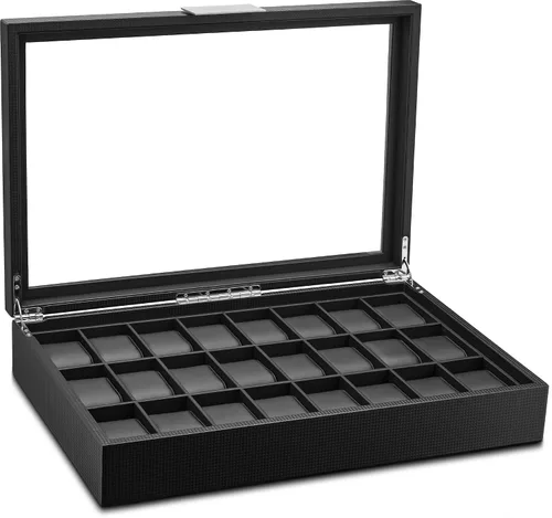 Miniatura 3 de Glenor Co Caja de reloj para hombre Organizador plano de lujo de 24 ranuras diseño de fibra de carbono para relojes de joyería para hombre soporte