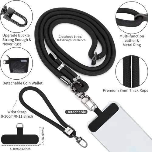 Miniatura 2 de HOTEMIA Cordón para teléfono y correas para la muñeca, cordón para celular ajustable cruzado con billetera desmontable, cordón para iPhone de 8mm