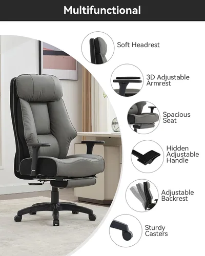 Miniatura 7 de DJ·Wang Silla de oficina grande y alta, 400 libras con reposapiés, silla de oficina ejecutiva de respaldo alto con cojín de resorte extragrueso