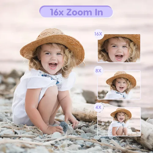 Miniatura 3 de Cámara púrpura para niños, FHD 1080P, 44MP, zoom 16X, compacta, portátil con tarjeta de 32G y 2 baterías, regalo para niñas, niños, estudiantes