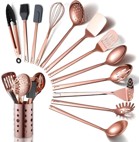 Juego de utensilios de cocina de cobre, juego de 13 utensilios de cocina de acero inoxidable con chapado en oro rosa de titanio, juego de