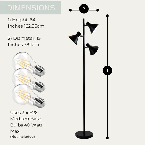 Miniatura 8 de LIGHTACCENTS Lámpara de pie de árbol negro con 3 luces ajustables, lámpara de pie moderna, pantallas negras ajustables, luz de poste para sala
