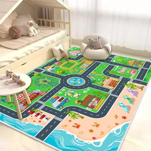 Miniatura 4 de Alfombra de juego para niños, alfombra de automóvil para autos y trenes de juguete para niños, alfombra de juego antideslizante para sala