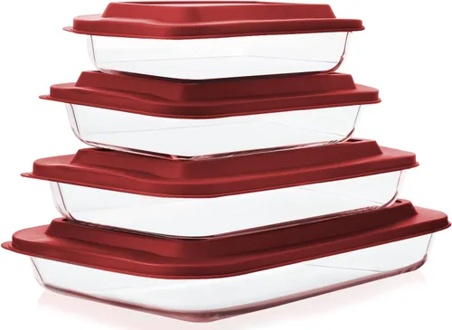 Juego de 8 platos para hornear de vidrio profundo con tapas de plástico, juego de utensilios rectangulares de vidrio con tapas, moldes para hornear