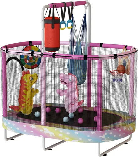 Miniatura 11 de Lamerge Kids Trampoline, Toddler Bouncing Trampoline with Safety Enclosure Net, ASTM-Approved, 500lbs Capacity, Ages 1-8, Adjustable Handrail