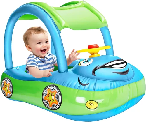 iGeeKid Flotador inflable de piscina para bebé con toldo, asiento de seguridad para bebé, flotadores de natación en forma de automóvil, flotadores