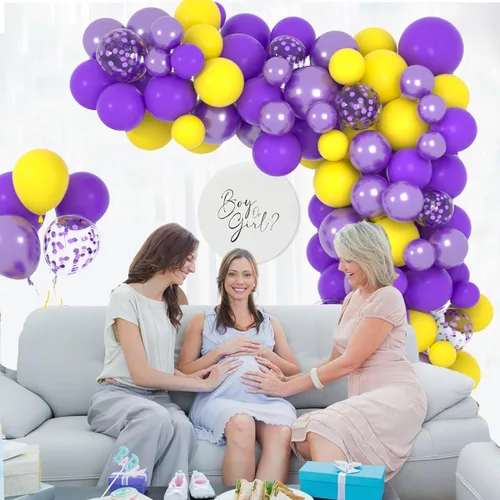 Miniatura 6 de Kit de arco de guirnalda de globos morados y amarillos, 122 globos de confeti amarillo lavanda metálico morado para cumpleaños, boda, aniversario