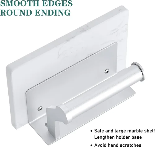 Miniatura 7 de Soporte de papel higiénico de aluminio plateado cepillado Hoimpro con estante de mármol natural blanco, soporte de almacenamiento de rollo de papel