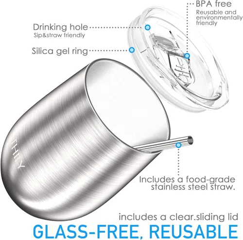 Miniatura 3 de THILY Vaso de vino de metal sin tallo aislado T1, vaso de vino de acero inoxidable con triple aislamiento con tapa y popote, reutilizable, mantiene
