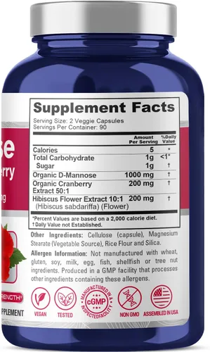Miniatura 2 de NusaPure Complejo D-Manosa 1400 mg (con hibisco y arándano) - 180 cápsulas vegetales sin OMG y veganas