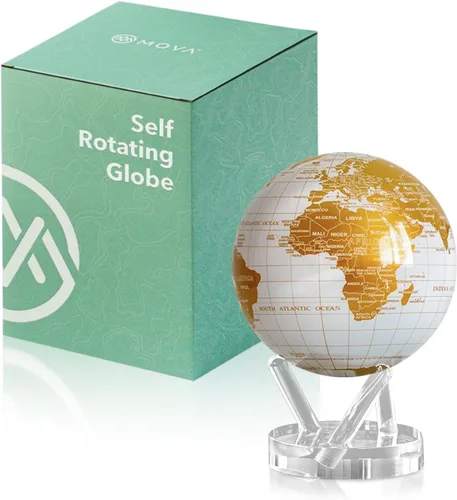 Miniatura 11 de MOVA Globe - Blanco perla y dorado clásico (4.5 pulgadas) Globo mundial giratorio alimentado por energía solar para escritorio Decoración