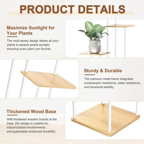 Miniatura 4 de Soporte para plantas de 4 niveles para interiores y exteriores, estante de esquina de metal de madera, múltiples estantes para macetas, estante