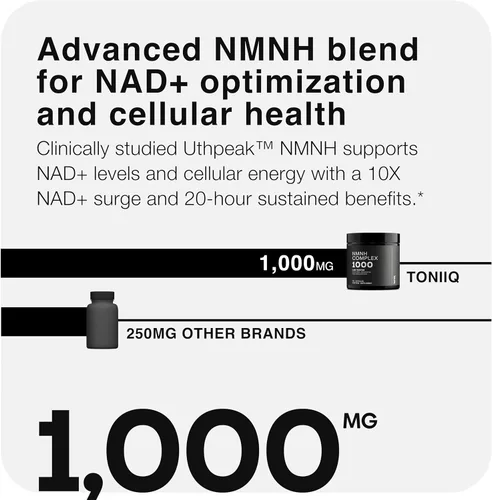 Miniatura 6 de Toniiq Suplemento NMNH – Complejo de 1,000 mg de potencia ultra alta con Uthpeak™ NMNH clínicamente estudiado, resveratrol, quercetina y TMG