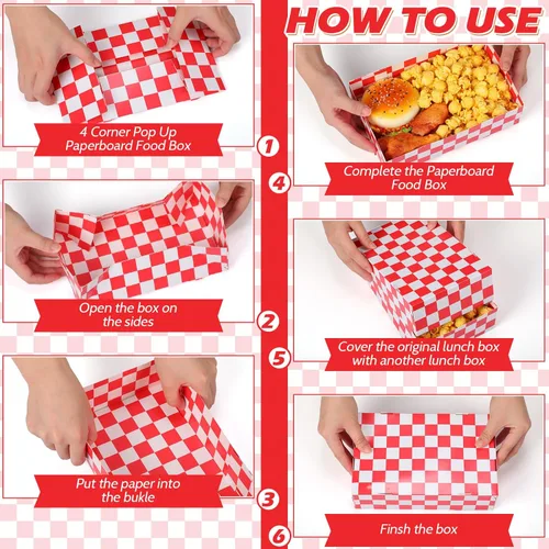 Miniatura 4 de Norme 50 bandejas desechables de cartón rojo a cuadros de 8.6 x 5.5 x 2.3 pulgadas, contenedor de papel para servir aperitivos, 4 esquinas