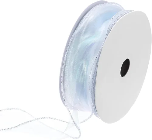 Miniatura 51 de MECCANIXITY - Cinta de organza con cable de 1 1/2" de ancho, brillante, transparente, con brillo irisado en tonos pastel, cinta de gasa para Beige