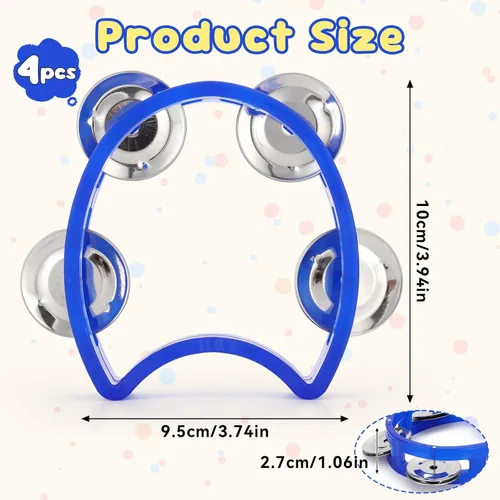 Miniatura 2 de Paquete de 4 panderetas de percusión de plástico, mini campanas de percusión con 4 cascabeles, instrumento musical de percusión de mano para adultos