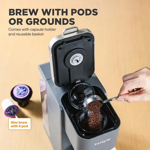 Miniatura 4 de Tastyle Cafetera de una sola porción, máquina de café helado y caliente para cápsulas K y molidos, diseño compacto, depósito de agua extraíble de 40