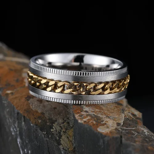 Miniatura 10 de King Will - Anillo antiestrés de acero inoxidable 316L para hombres y mujeres, con cadena decorativa giratoria, 8 mm de ancho, anillo de boda
