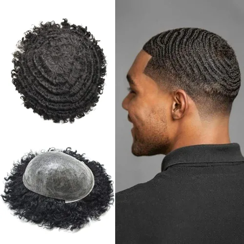 Miniatura 8 de All Poly African American Mens Toupee Unidades de cabello humano brasileño para hombres negros Afro Toupee para hombre negro inyección de PU 1#