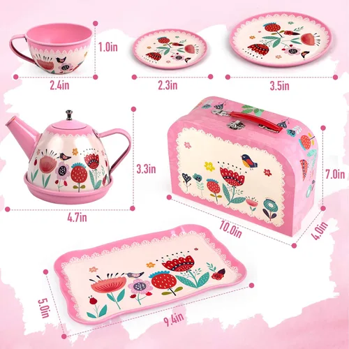 Miniatura 4 de D-FantiX Juego de té para niños y niñas, 15 piezas, juego de fiesta de té de lata rosa para niños pequeños, juego de té de la tarde con teteras