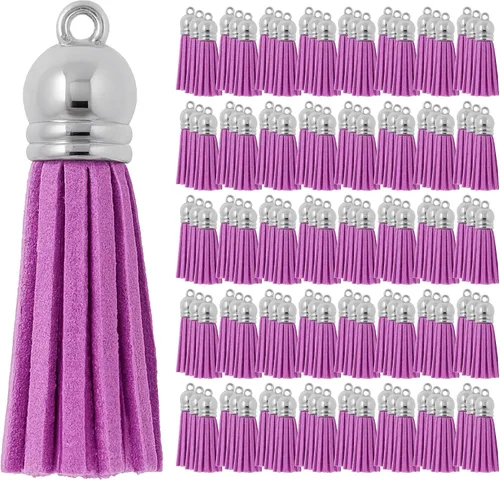 Miniatura 42 de Mandala Crafts 100 borlas de gamuza sintética color aguamarina con tapa dorada, suministros para hacer llaveros a granel, pequeñas borlas de cuero
