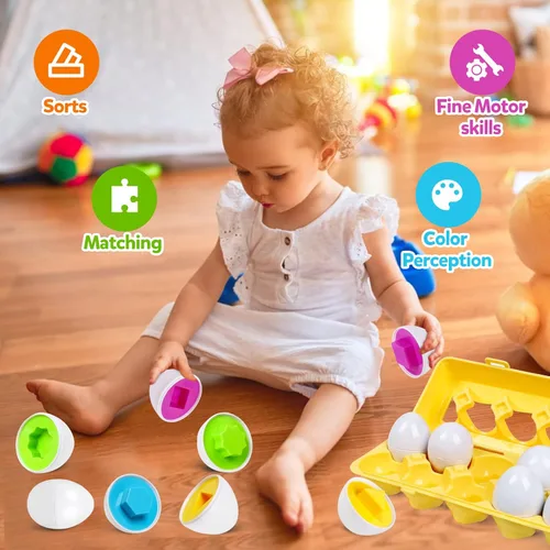 Miniatura 7 de Montessori - Juego de 12 huevos geométricos, juego de rompecabezas de huevos de color y forma, huevos a juego para niños pequeños de 1 a 3 años