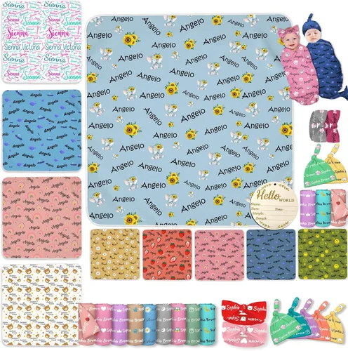 Miniatura 10 de Manta personalizada para bebés y niños, manta con nombre personalizado para recibir con diadema de lazo y sombrero, artículos personalizados