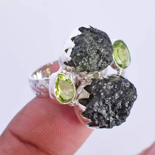 Miniatura 2 de Anillo de plata de ley 925 con piedras preciosas de moldavita y peridoto
