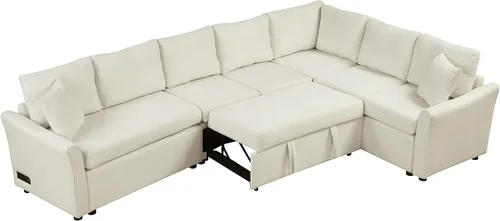 Miniatura 7 de JIVOIT Sofá cama moderno en forma de L con dos almohadas de respaldo, sofá cama modular de 124.8 pulgadas con cama extraíble, sofá modular Beige 052