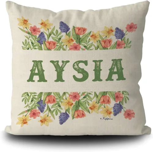 Custom Gifts Bloom Flowers Green Leaves Personalized Floral Pillowcase with Name, 16x16 Inch Double Sided, Spring Summer Flower Pillow Cover Gifts