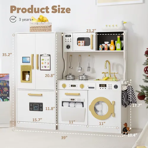 Miniatura 6 de TODEFULL Juego de Cocina de Madera para Niños, Juego de Cocina de Simulación para Niños, Cocina de Juguete Interactiva con Congelador, Lavadora