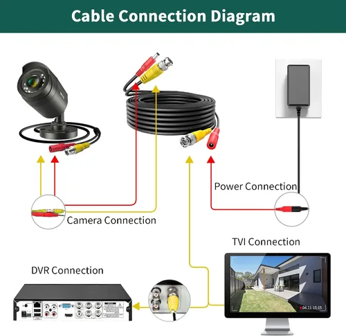 Miniatura 4 de Cables de cable BNC de alimentación de video negro de 25 pies compatibles con cámaras de seguridad Zosi CCTV DVR