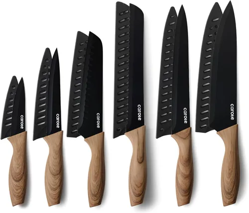 CAROTE Juego de 12 piezas de cuchillos de cocina, juego de cuchillos de cocina de acero inoxidable con revestimiento cerámico antiadherente apto