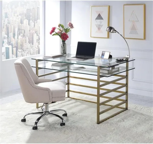 Miniatura 2 de Acme Shona Escritorio rectangular de cristal con 1 estante en oro antiguo y transparente