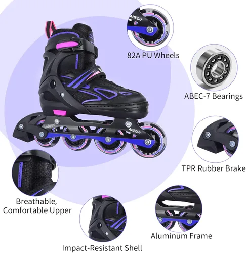 Miniatura 5 de BELEEV Patines en línea con ruedas iluminadas y cordones, cuchillas ajustables de 4 tallas para niños, niños y niñas de 5-8, 8-12, 6-12, patines