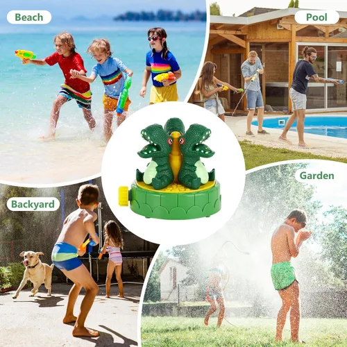 Miniatura 7 de MoKo Aspersor de dinosaurio para niños, bonito juguete de agua para exteriores, juguete de piscina con 2 abrazaderas de manguera, 3 boquillas