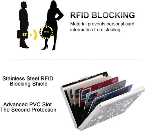 Miniatura 22 de BONSYL® Soporte para tarjetas de crédito, cartera delgada de metal con bloqueo RFID, con 6 ranuras para tarjetas, para mujeres y hombres.