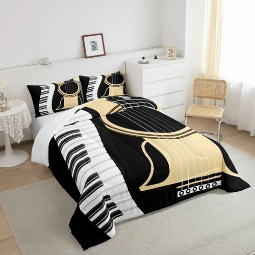 Miniatura 4 de Juego de ropa de cama de guitarra, tamaño individual para niños y niñas, juego de edredón con teclados de piano, temática musical, inserto