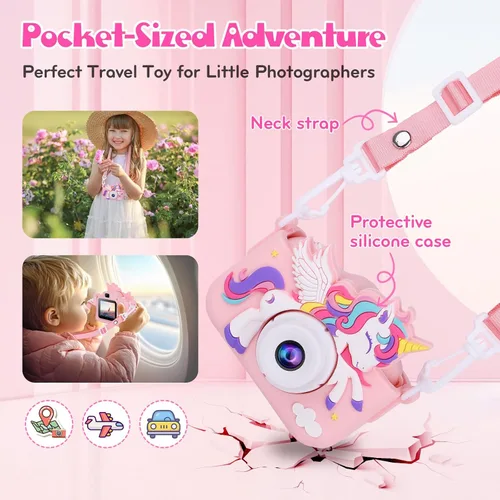 Miniatura 4 de Cámara para niños Unicornio Niñas Juguetes, Cámara digital para niños de 3 a 8 años Juguetes de viaje para niños pequeños, Regalo de cumpleaños