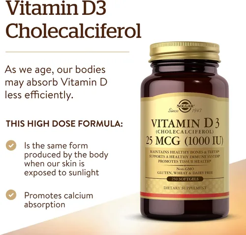 Miniatura 3 de Solgar - Vitamina D3 (colecalciferol) 25 MCG (1000 UI), 250 cápsulas blandas - Ayuda a mantener huesos y dientes sanos - Apoyo al sistema