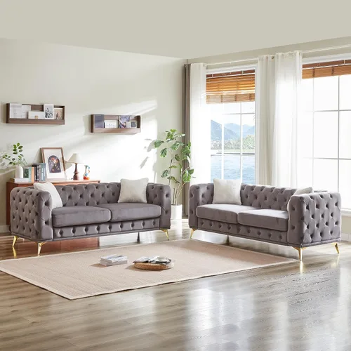 Miniatura 19 de KEIKI Sofá Chesterfield de terciopelo de lujo de 61 pulgadas con 2 almohadas, estilo mediados de siglo con botones copetudos de 2 plazas con cojines
