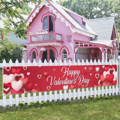Miniatura 9 de Cartel del día de San Valentín de 120 x 20 pulgadas, decoración al aire libre, letrero de San Valentín, corazones rosados, gnomos, suministros