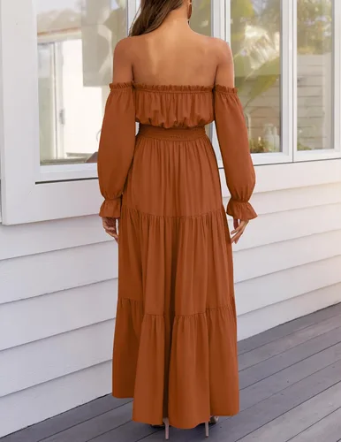 Miniatura 123 de ZESICA - Vestido largo, bohemio y sexy, con hombros descubiertos y manga larga fruncida, con elástico fruncido, cintura alta y abertura lateral