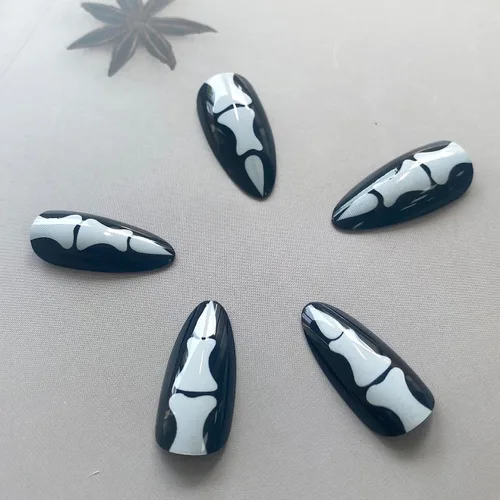 Miniatura 7 de Uñas postizas a presión para Halloween, con forma de hueso gótico, de terror, de cobertura completa, color blanco y negro, acrílico, para fiestas
