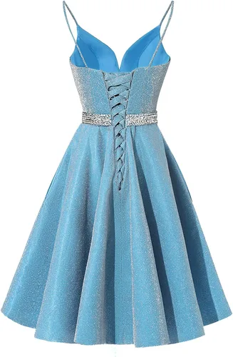 Miniatura 4 de Vestidos de Satén para Graduación 2025 con Tirantes Espagueti, Vestidos Cortos de Baile con Cuello en V con Cuentas, Vestidos Formales de Noche