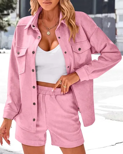Miniatura 9 de KIRUNDO Conjunto casual de dos piezas para mujer, de manga larga, chaqueta y pantalones cortos