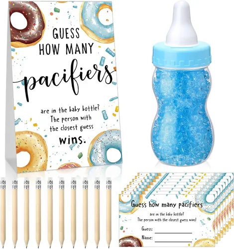 Miniatura 34 de Roowest 512 piezas de juegos de baby shower Adivina cuántos chupetes letrero, 100 pequeños juegos de adivinanzas, 10 lápices HB, botella de leche