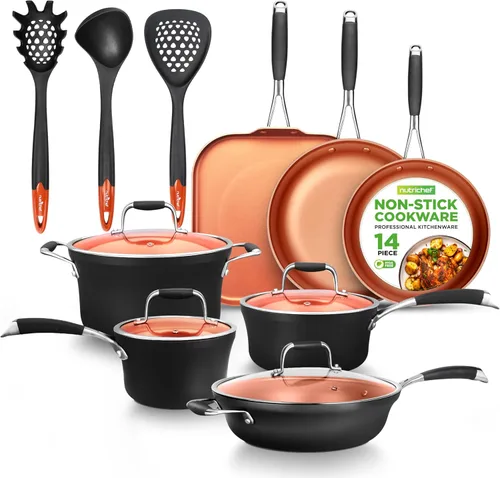 NutriChef Juego de ollas y sartenes antiadherentes de 14 piezas, ollas de cocina de varios tamaños con tapas, sartenes pequeñas y medianas con